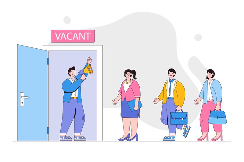 A hiring manager at an open door marked Vacant, calling in applicants