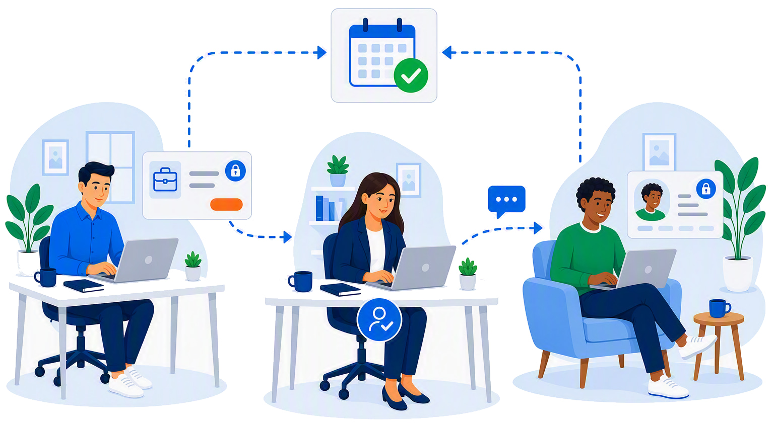 A hiring manager places a reserved job order, one recruiter claims it and messages a job seeker with a private profile, and both sides meet at a booked interview